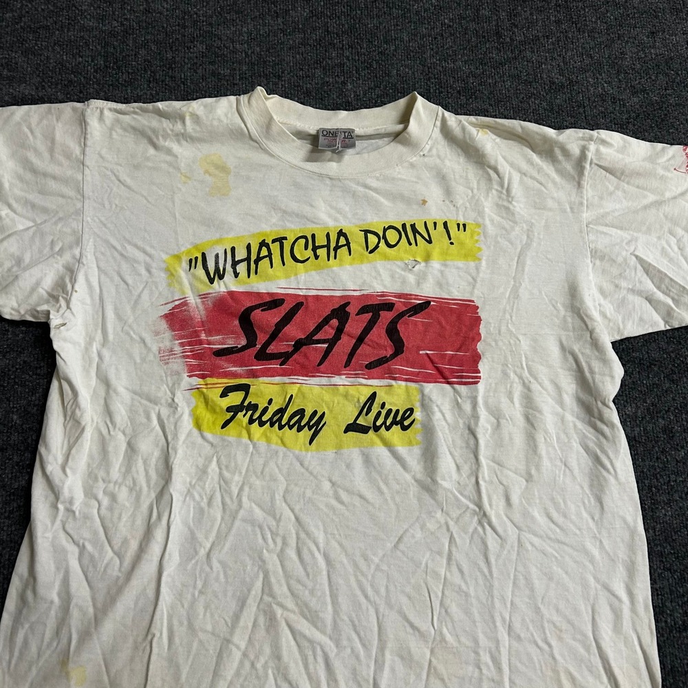 Oneita T-Shirt Mens XL White Vintage Z93 Classic Rock Slats Friday Live USA Made